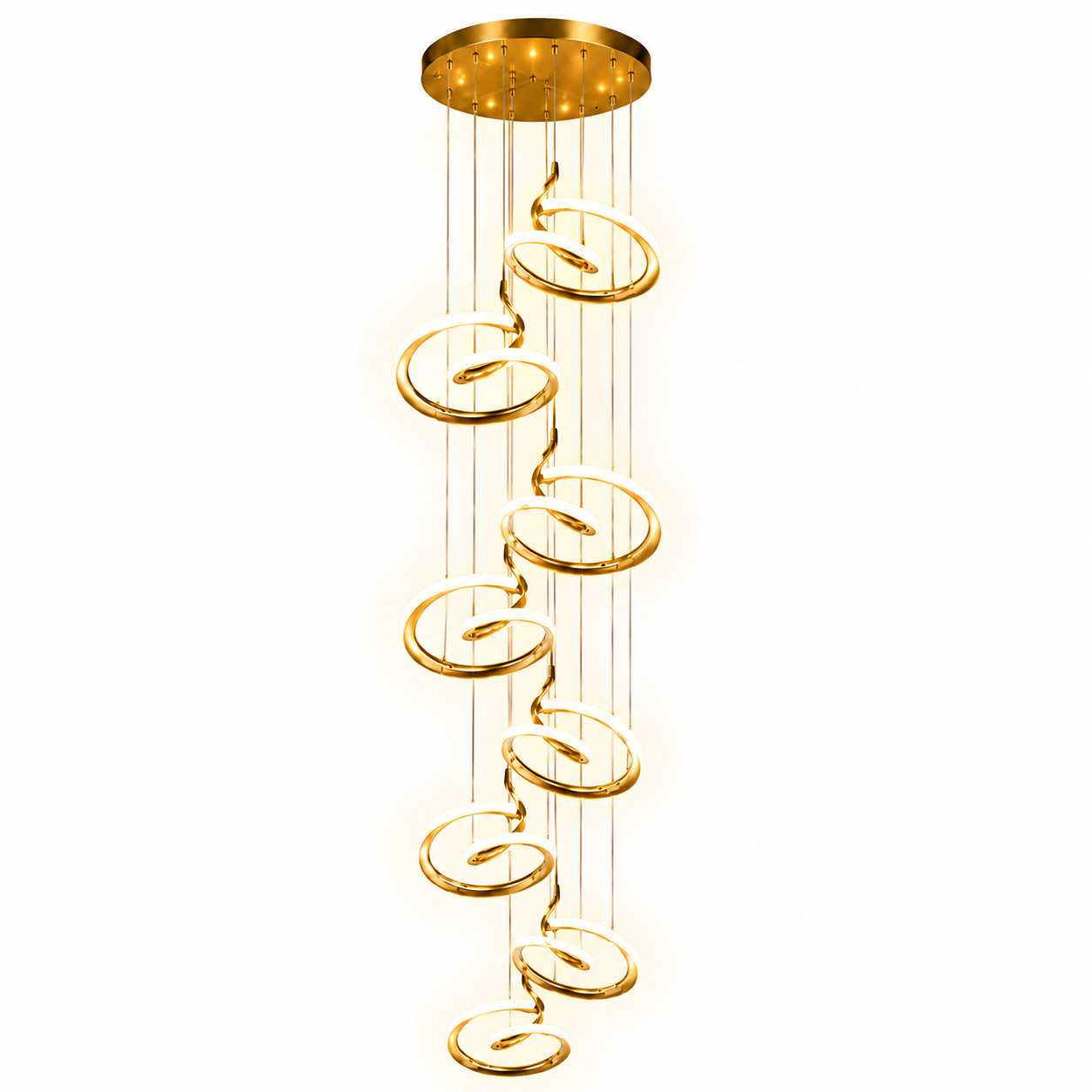 Colgante LED Espiral Doble Altura 3 Tonalidades – Diseño Escultórico Dorado Extensible hasta 3 m