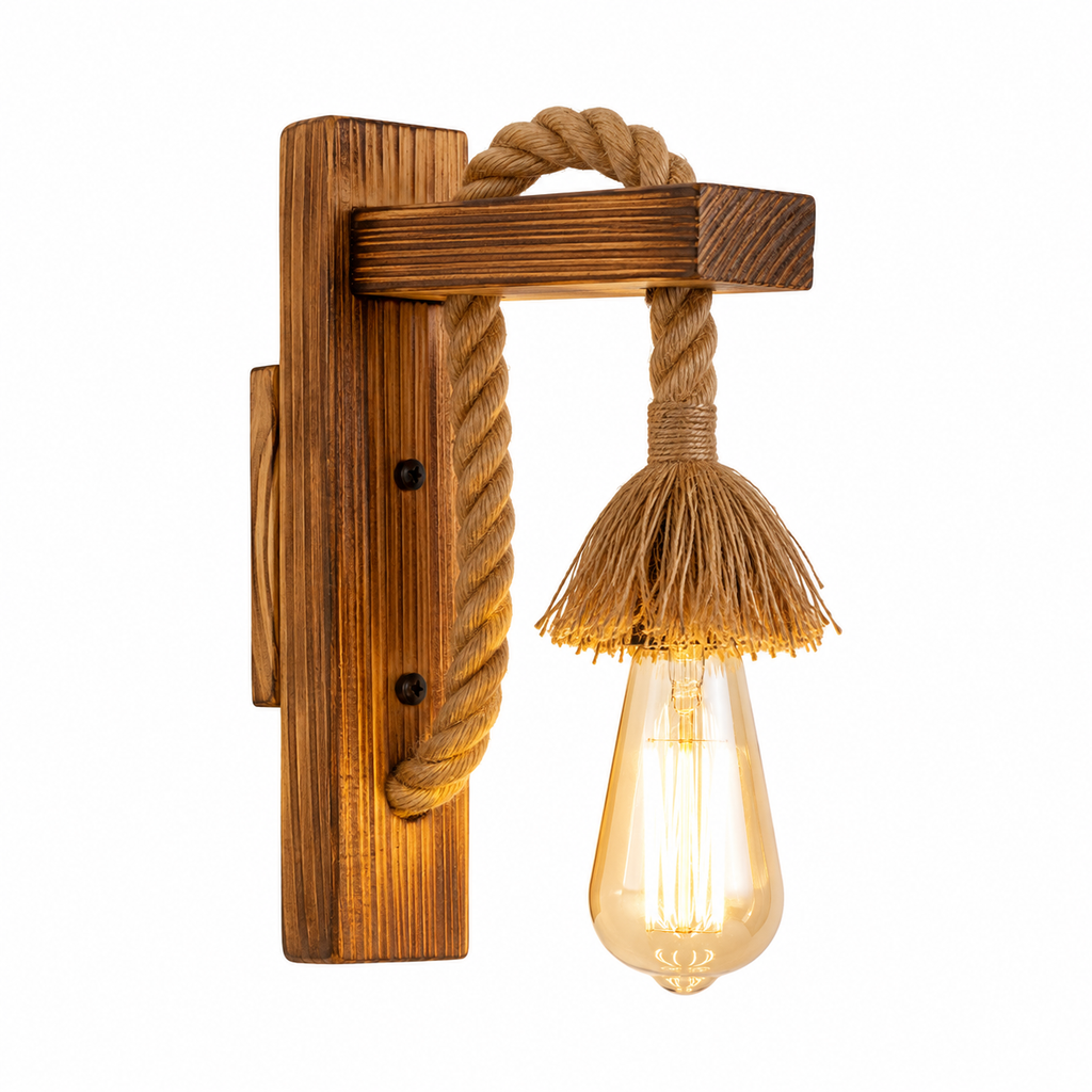 Aplique de Pared Rústico de Madera y Cuerda – Estilo Vintage Industrial