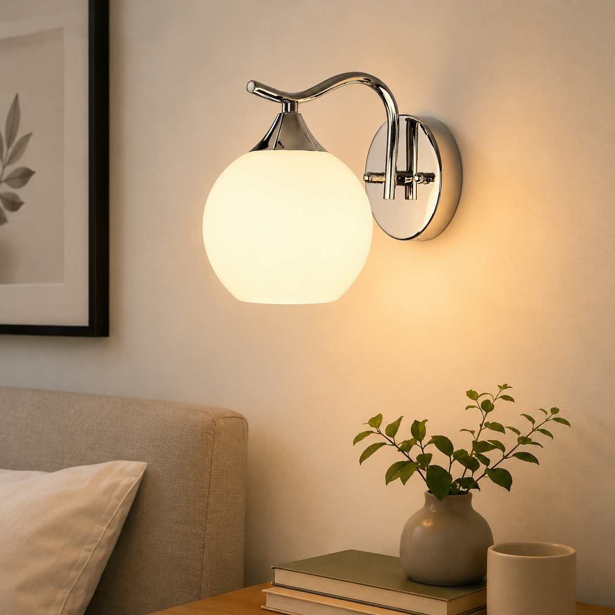 Aplique de Pared Cromado con Globo de Vidrio Opal – Estilo Moderno Elegante