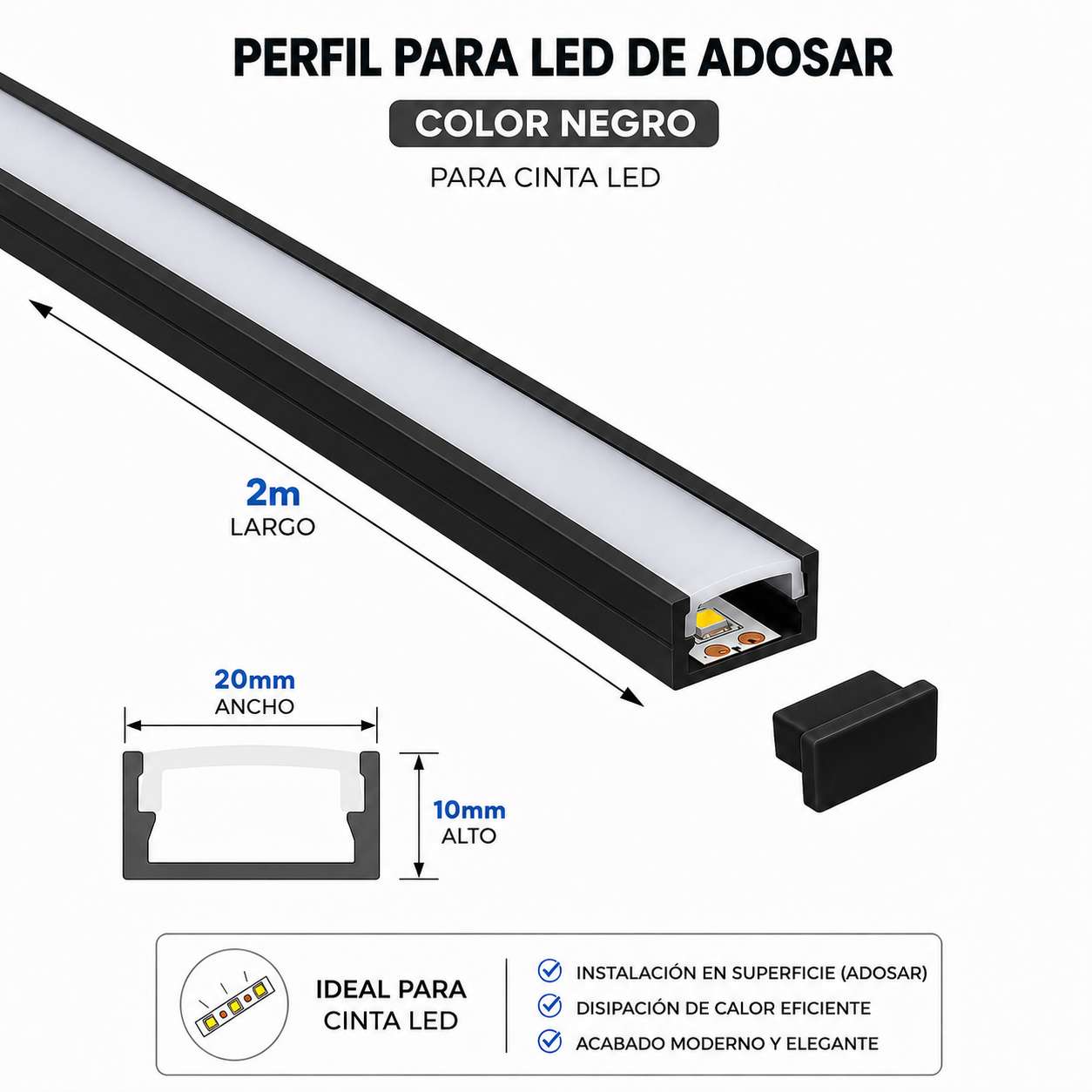 Perfil de Aluminio LED de Adosar Negro 20x10 mm con Difusor y Soportes – 2 Metros