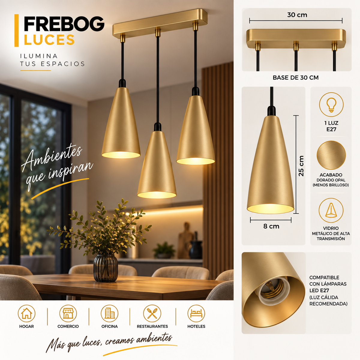Colgante Triple E27 Dorado Opal – Base 30 cm