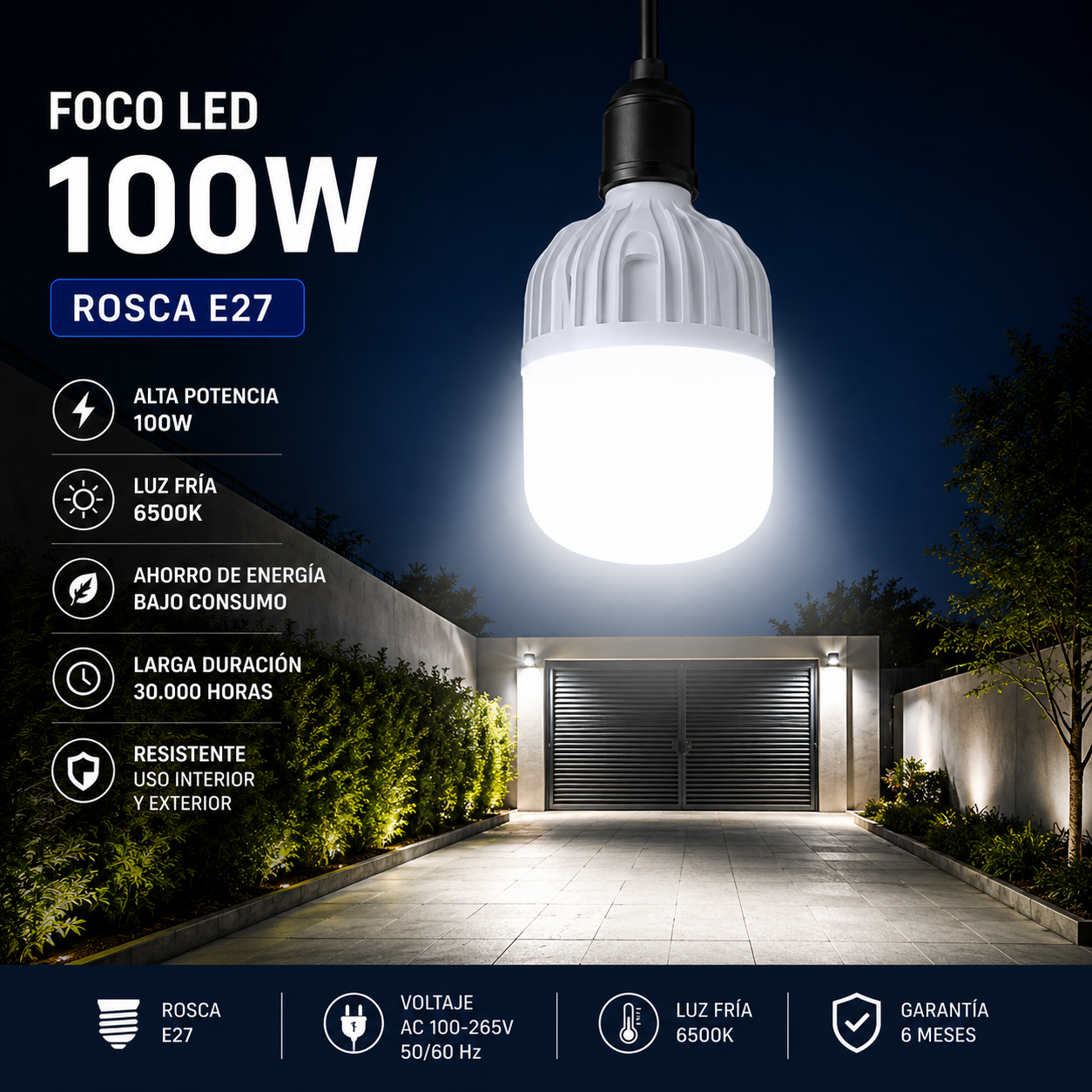 Foco LED 100W E27 Metal Luz Fría 6500K | Alta Potencia y Bajo Consumo