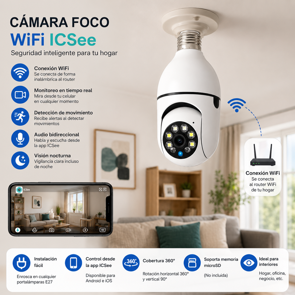 Cámara de Seguridad WiFi Tipo Foco PTZ 360° | Compatible con iCSee