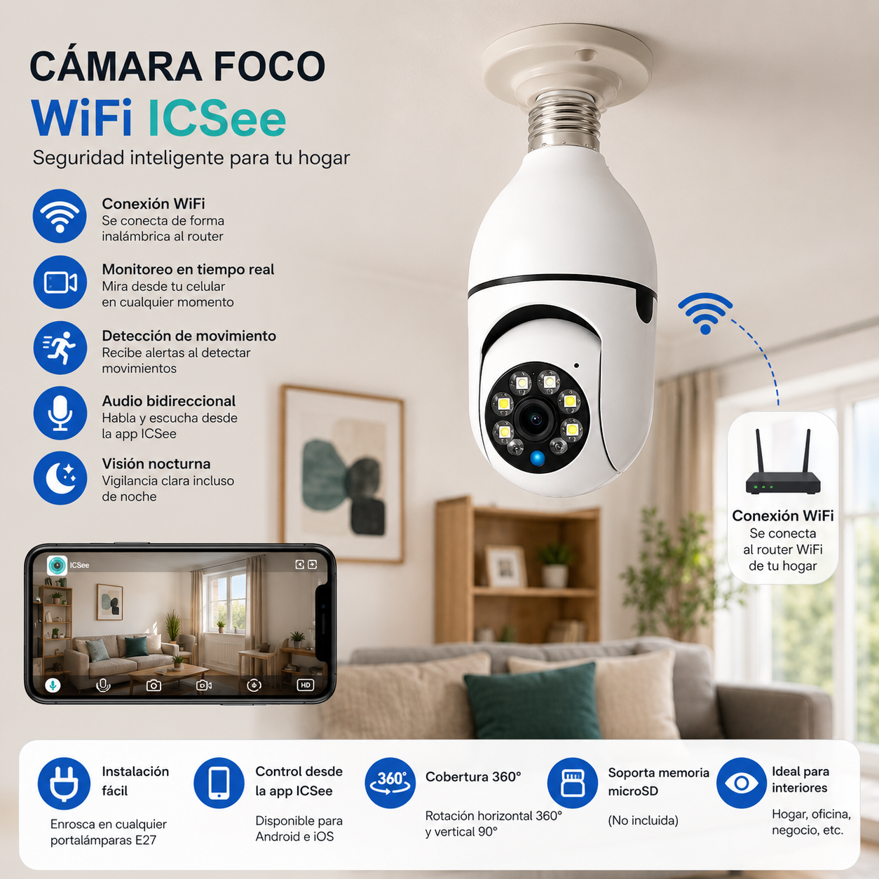 Cámara de Seguridad WiFi Tipo Foco PTZ 360° | Compatible con iCSee