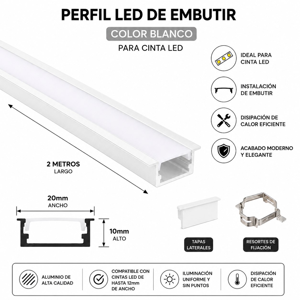 Perfil LED de Embutir Blanco 2 Metros para Cinta LED | Aluminio Premium 20 x 10 mm