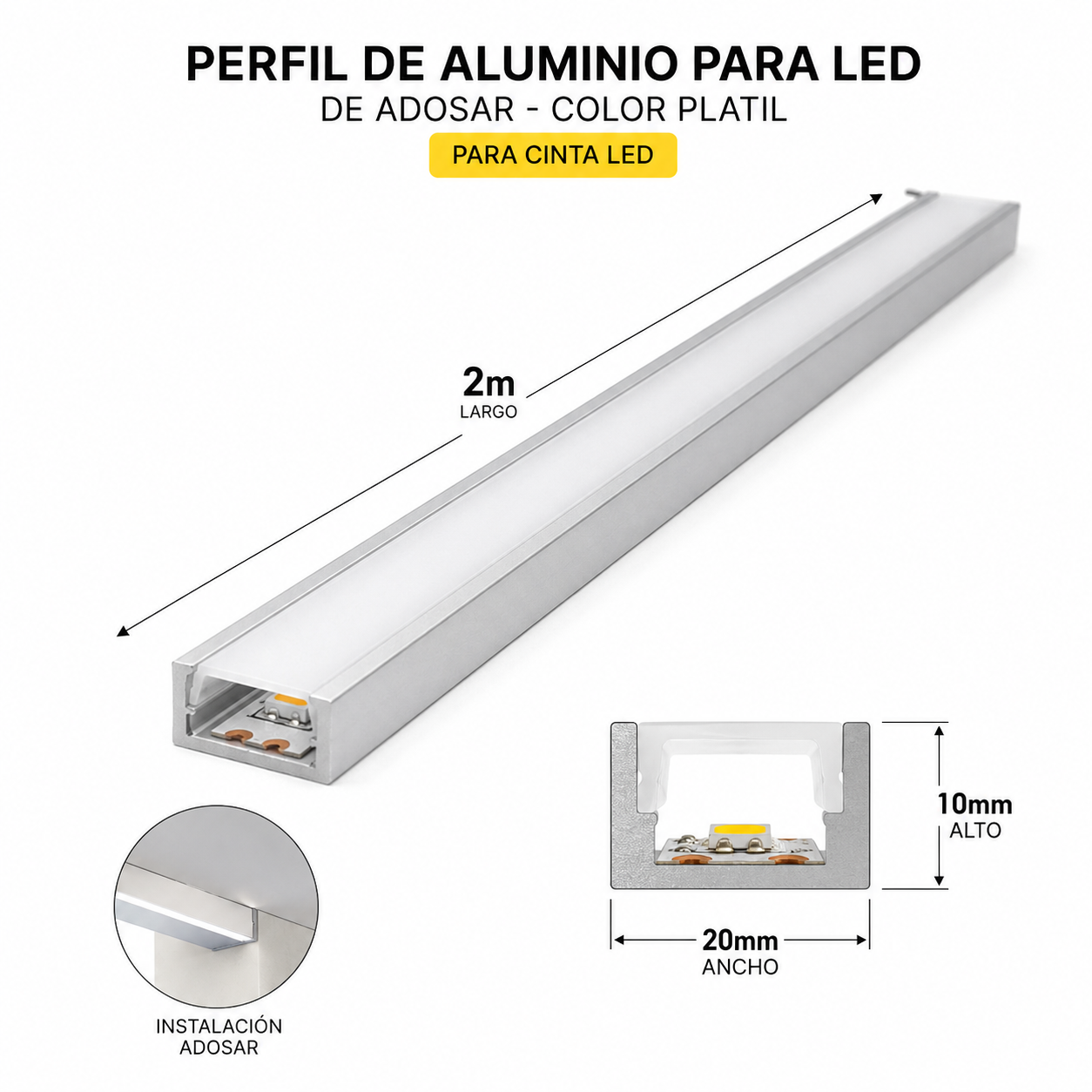 Perfil de Aluminio LED de Adosar 20x10 mm con Difusor y Soportes – 2 metros | Color Plata