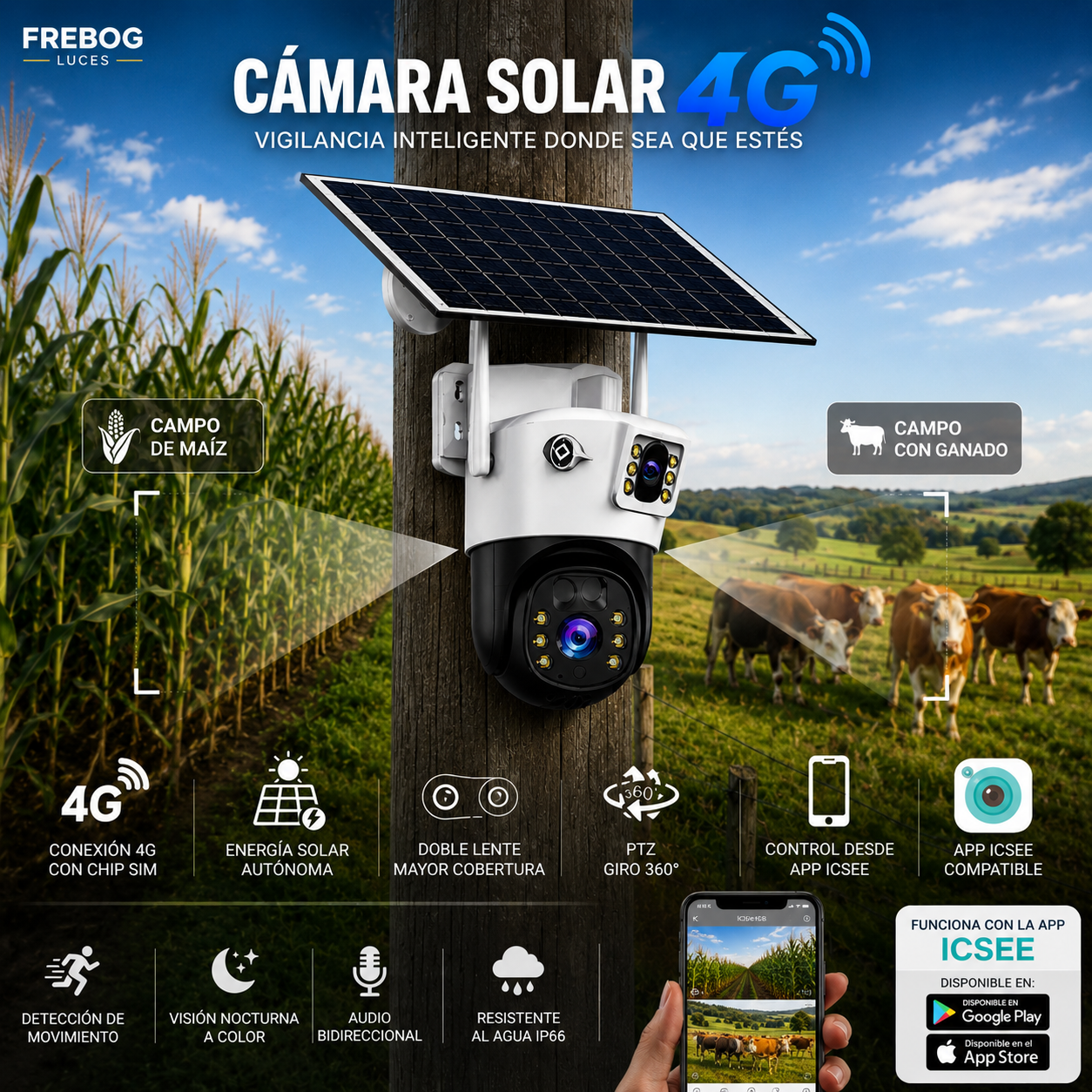 Cámara de Seguridad Solar 4G PTZ Doble Lente con Panel Solar | Compatible con iCSee