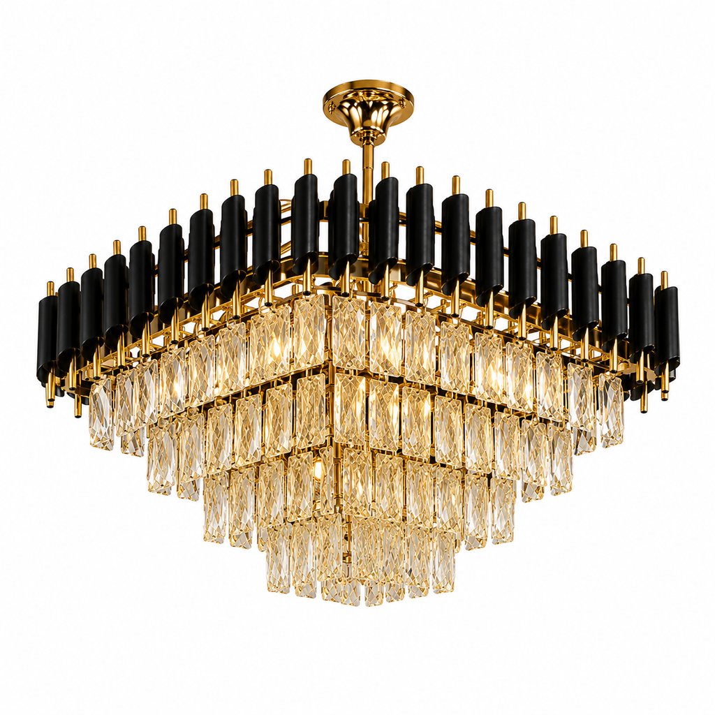Colgante de Cristal 8 Luces E27 60 cm Dorado/Negro | Vidrio Transparente Cuadrado