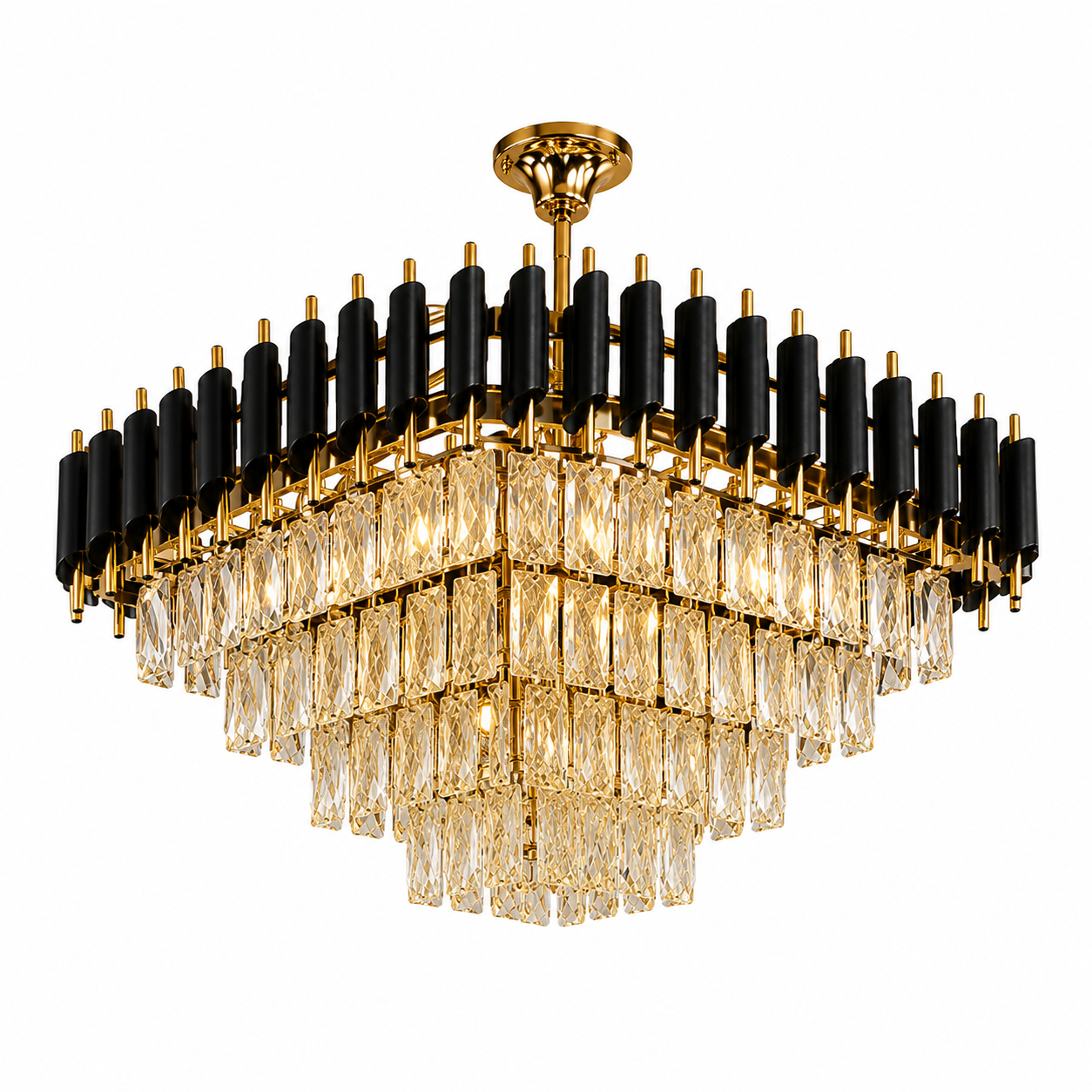 Colgante de Cristal 8 Luces E27 60 cm Dorado/Negro | Vidrio Transparente Cuadrado