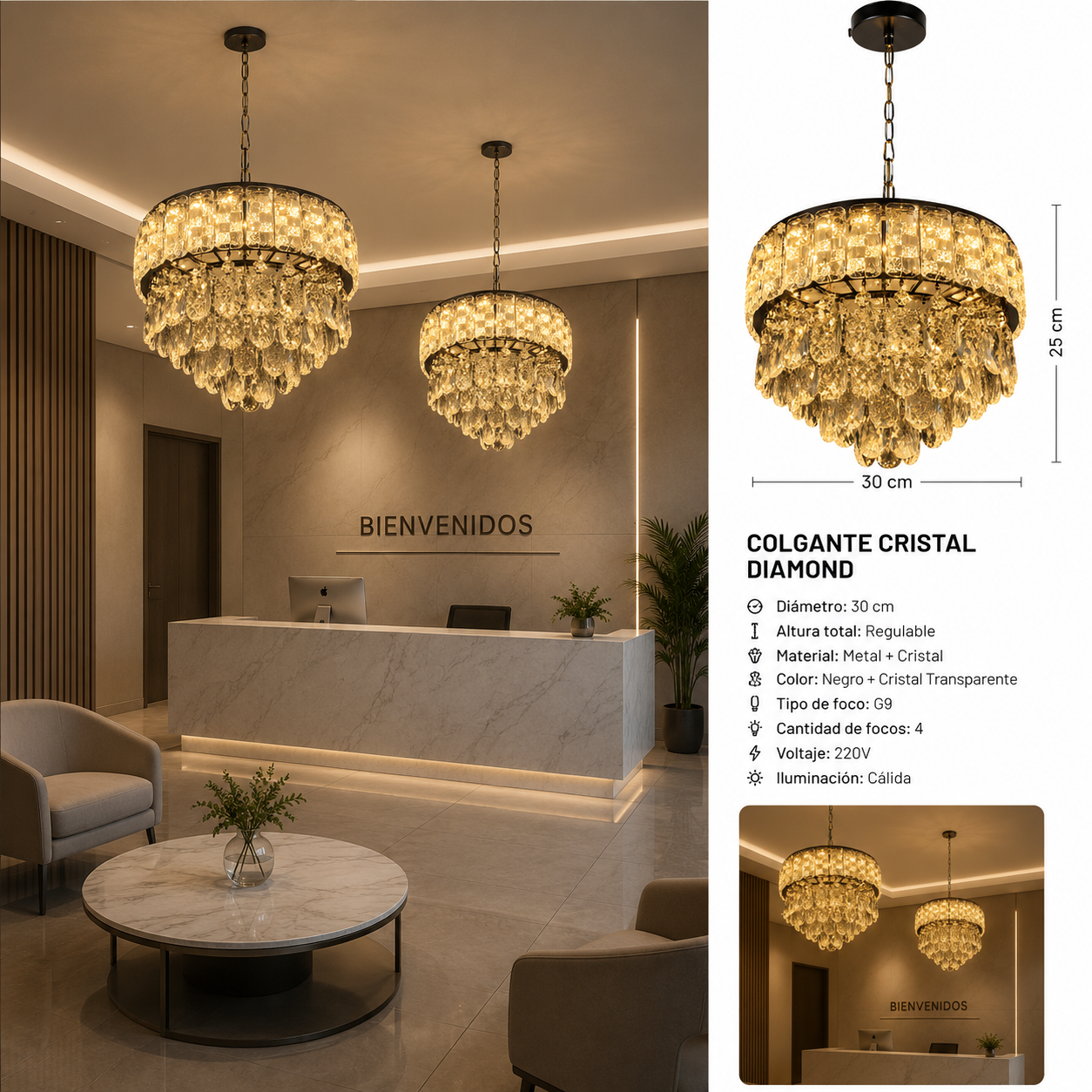 Colgante de Cristal LED 3 Tonalidades – Diseño Diamond Ø 30 cm