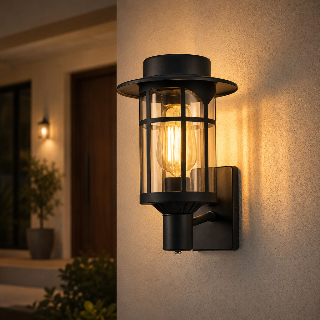 Farol de Pared Exterior Negro con Vidrio Transparente – Estilo Moderno Industrial