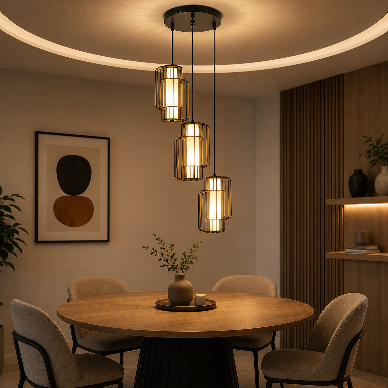 Colgante Decorativo 3 Luces E27 con Jaula Metálica y Vidrio Opal