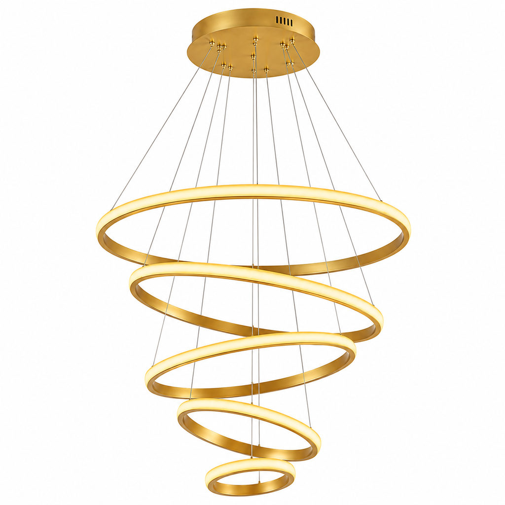 Colgante LED Espiral 5 Aros Dorado – 80W | 3 Tonos de Luz | Diseño Premium
