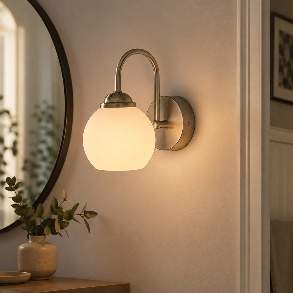 Aplique de Pared Curvo Níquel Satinado con Globo de Vidrio Opalino
