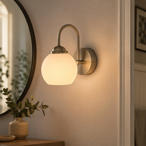 Aplique de Pared Curvo Níquel Satinado con Globo de Vidrio Opalino