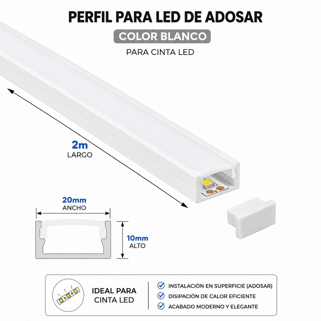 Perfil de Aluminio LED de Adosar Blanco 20x10 mm con Difusor y Soportes – 2 Metros