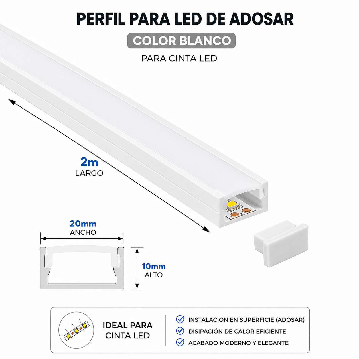 Perfil de Aluminio LED de Adosar Blanco 20x10 mm con Difusor y Soportes – 2 Metros