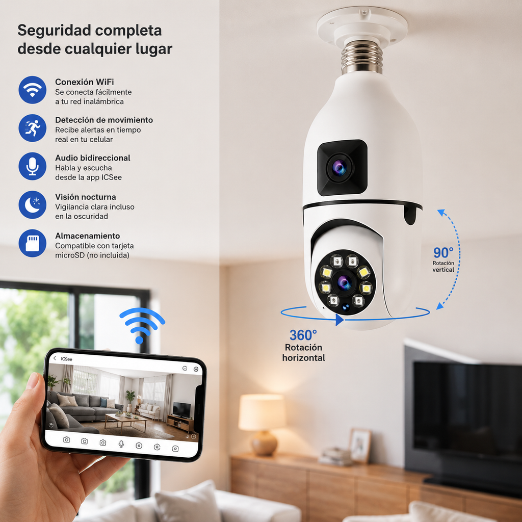 Cámara de Seguridad WiFi Tipo Foco Doble Lente PTZ 360° | Compatible con iCSee