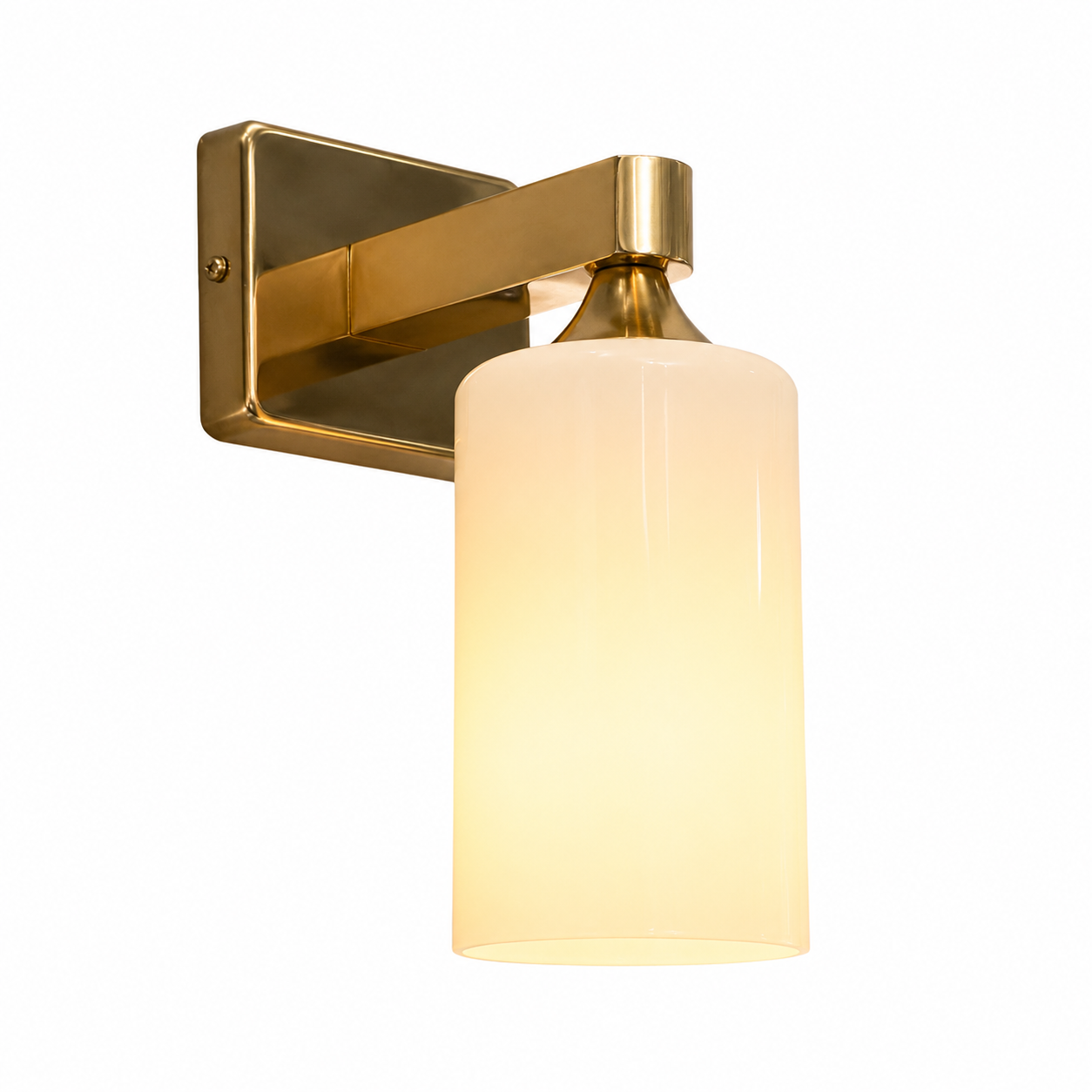 Aplique de Pared Dorado con Tulipa Cilíndrica de Vidrio Opal – Estilo Moderno Elegante