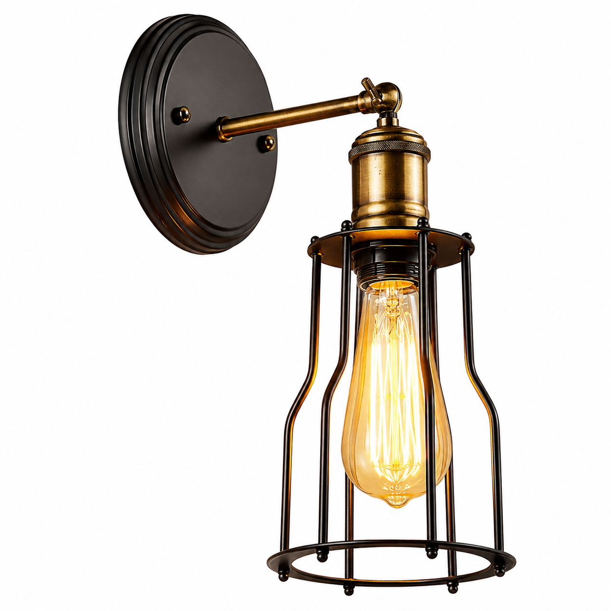 Aplique de Pared Vintage Industrial con Jaula Metálica – Acabado Negro y Bronce