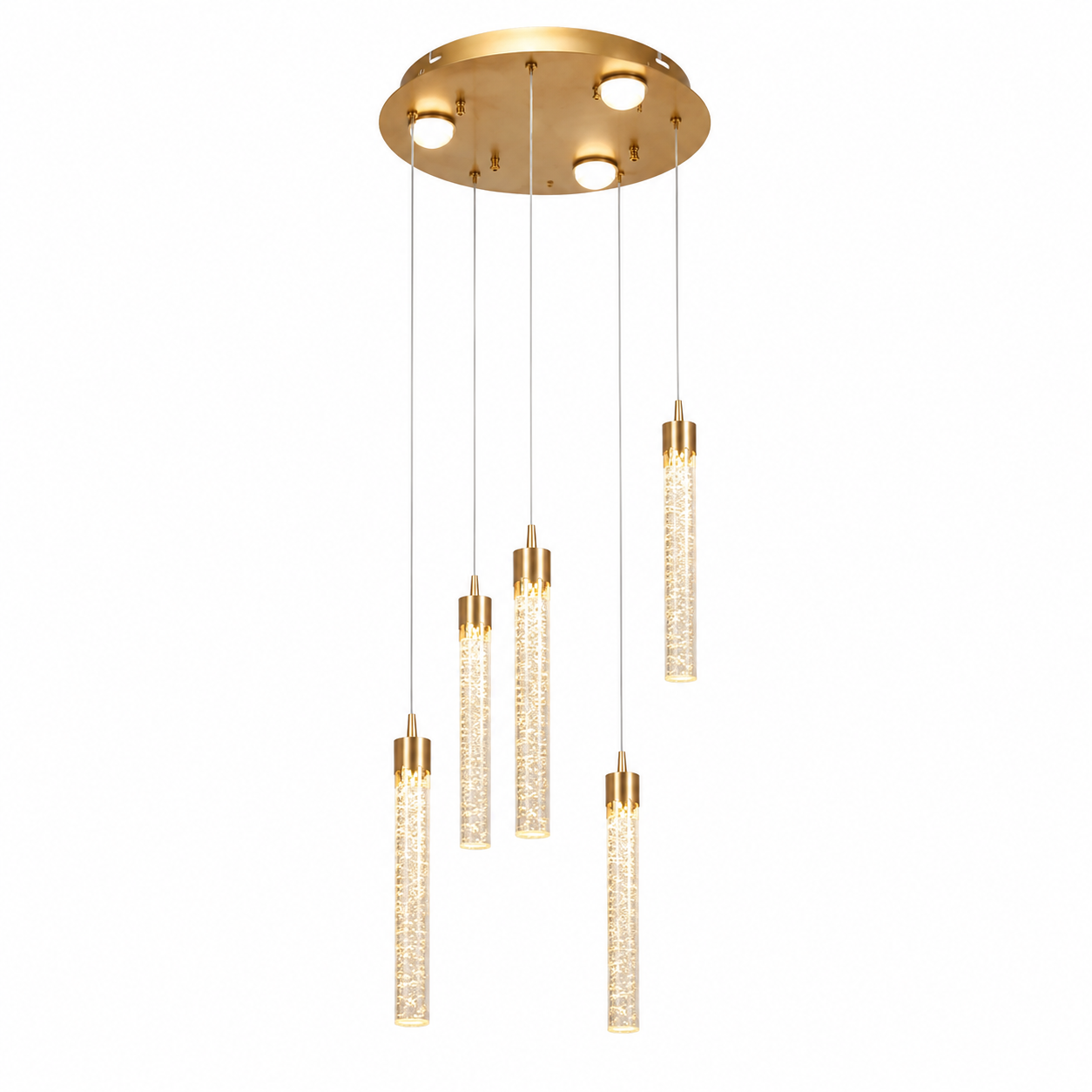 Colgante LED Cristal Burbuja 5 Luces Dorado – Luz Cálida | Diseño Moderno Premium