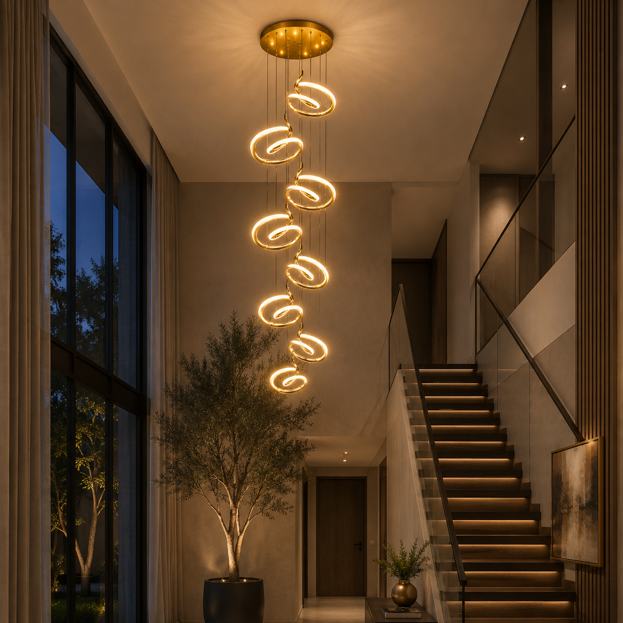 Colgante LED Espiral Doble Altura 3 Tonalidades – Diseño Escultórico Dorado Extensible hasta 3 m