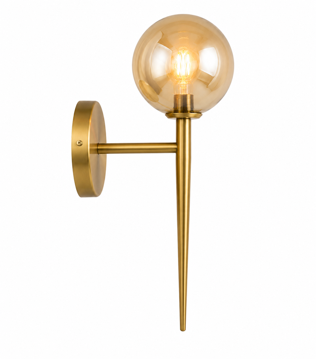 Aplique de Pared Dorado con Globo de Vidrio Ámbar – Estilo Moderno Vintage