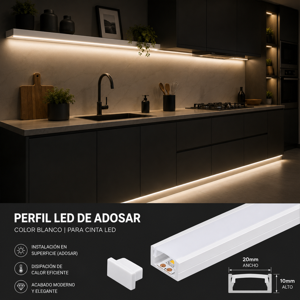 Perfil de Aluminio LED de Adosar Blanco 20x10 mm con Difusor y Soportes – 2 Metros