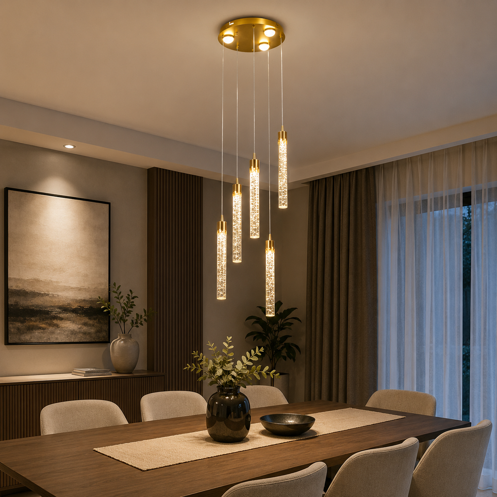 Colgante LED Cristal Burbuja 5 Luces Dorado – Luz Cálida | Diseño Moderno Premium