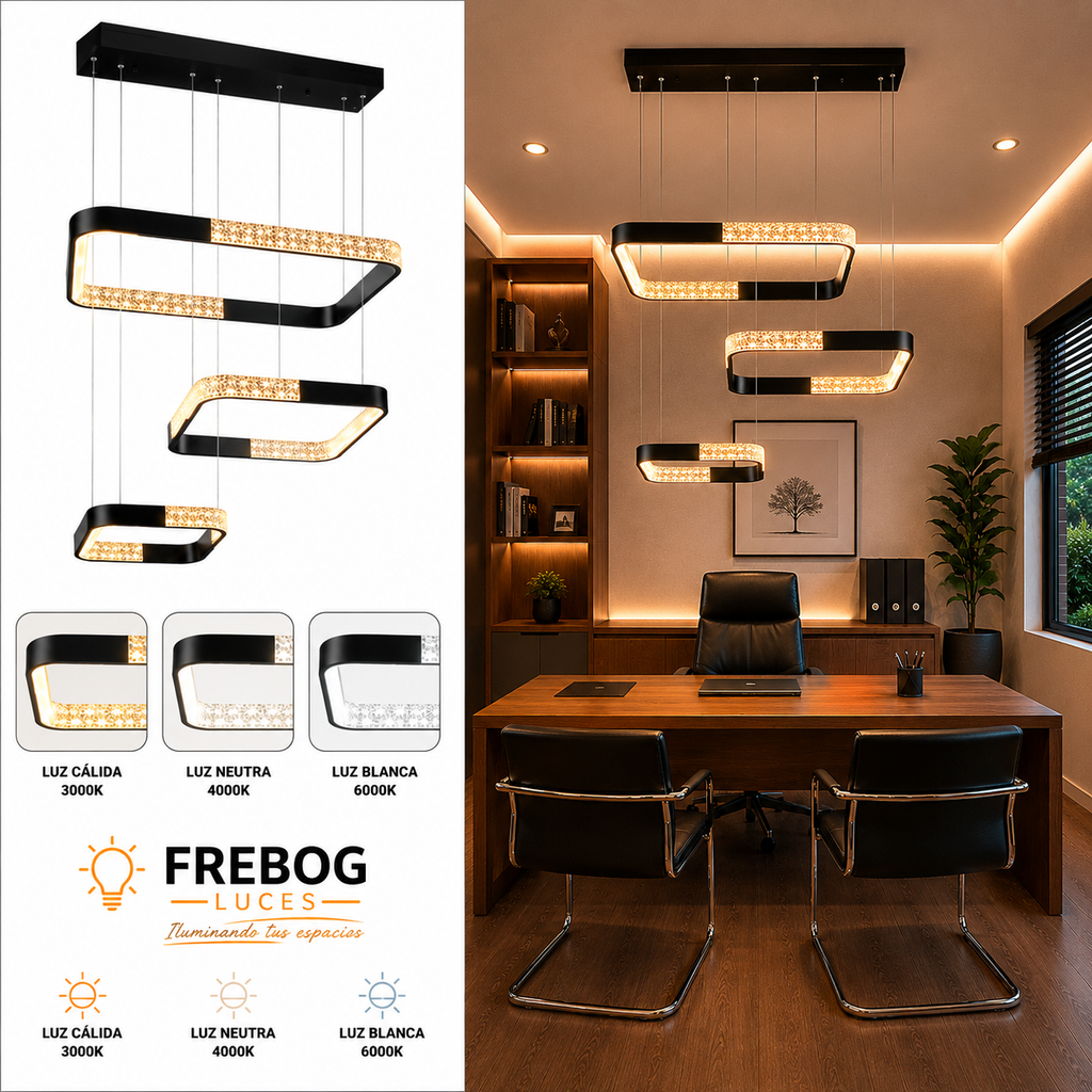 Colgante LED Moderno 3 Aros Rectangulares – 3 Tonos de Luz