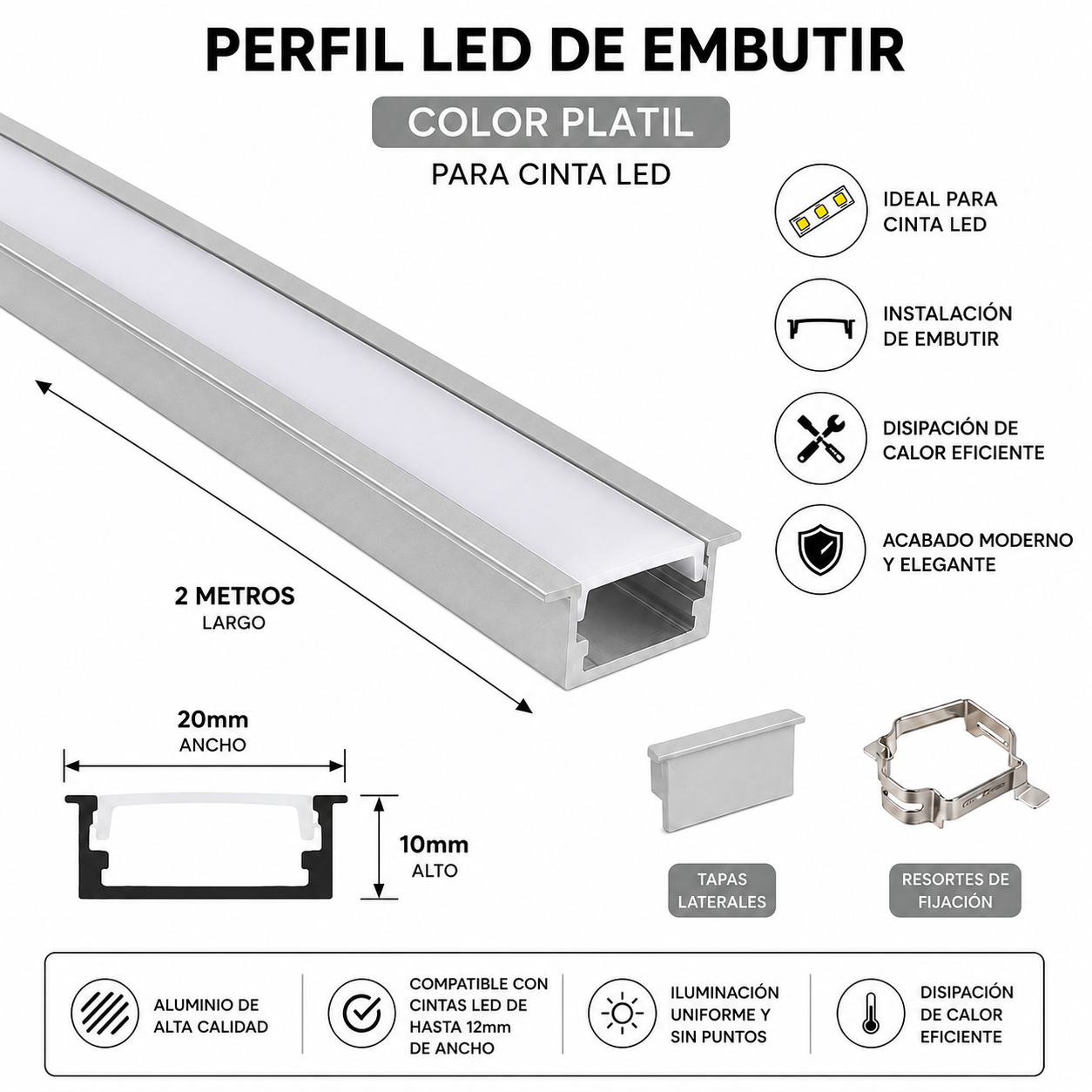 Perfil de Aluminio para Cinta LED de Embutir 2 Metros | Aluminio Anodizado Premium 20 x 10 mm
