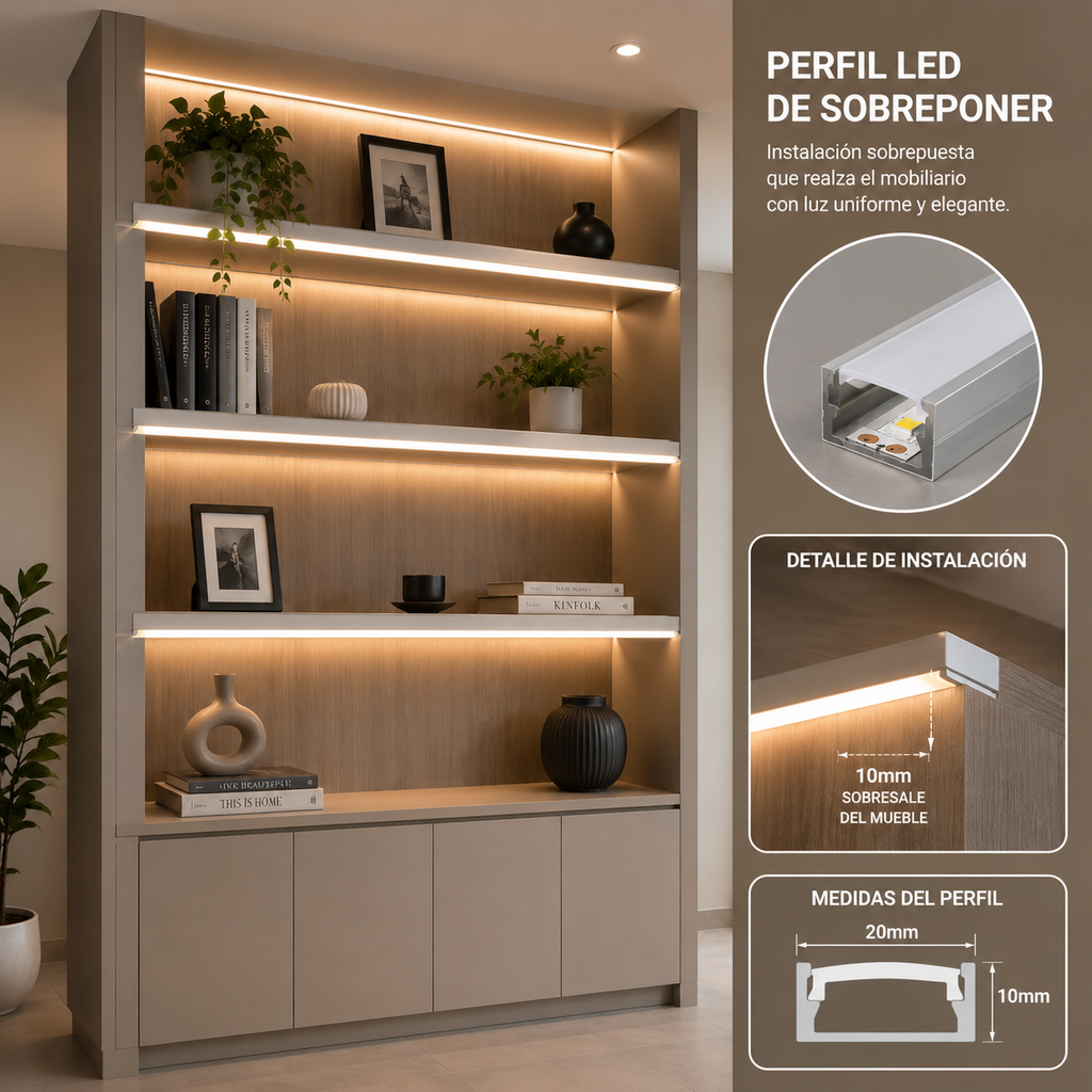 Perfil de Aluminio LED de Adosar 20x10 mm con Difusor y Soportes – 2 metros | Color Plata