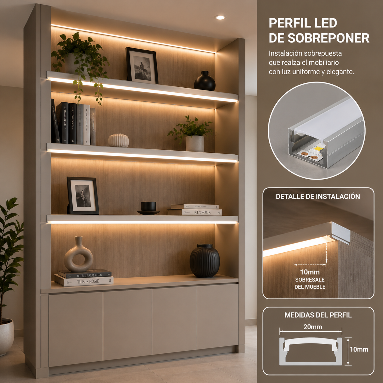 Perfil de Aluminio LED de Adosar 20x10 mm con Difusor y Soportes – 2 metros | Color Plata