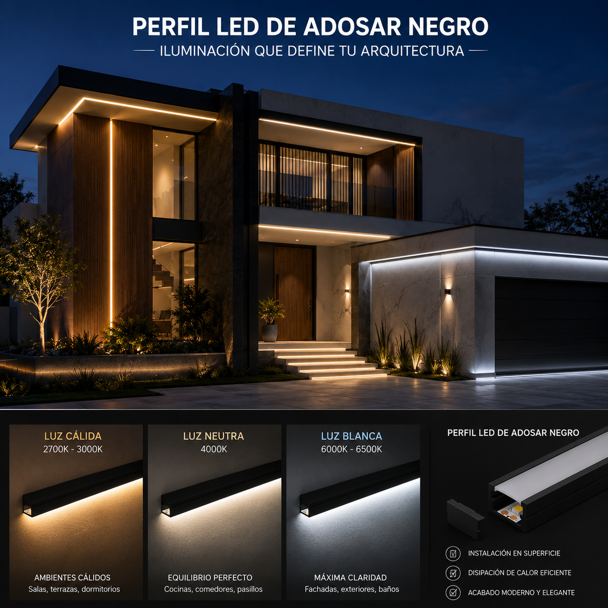 Perfil de Aluminio LED de Adosar Negro 20x10 mm con Difusor y Soportes – 2 Metros