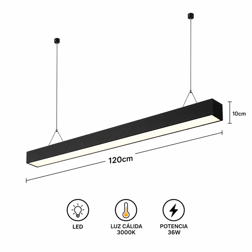 Colgante LED Lineal Suspendido 120 cm Negro | Luz Cálida 3000K | Diseño Moderno