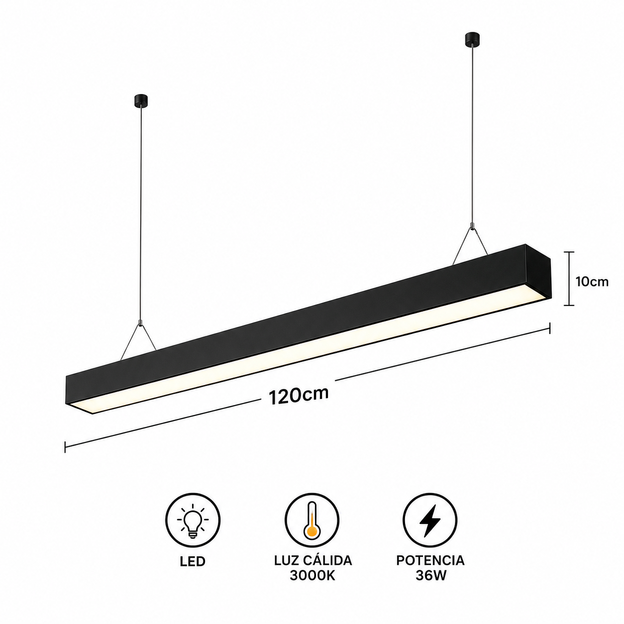 Colgante LED Lineal Suspendido 120 cm Negro | Luz Cálida 3000K | Diseño Moderno