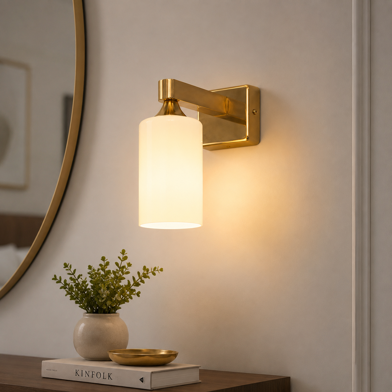 Aplique de Pared Dorado con Tulipa Cilíndrica de Vidrio Opal – Estilo Moderno Elegante