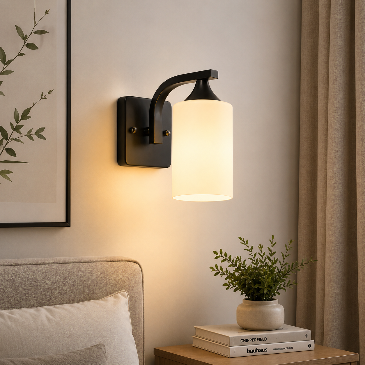 Aplique de Pared Negro Mate con Tulipa de Vidrio Opal – Estilo Moderno Minimalista
