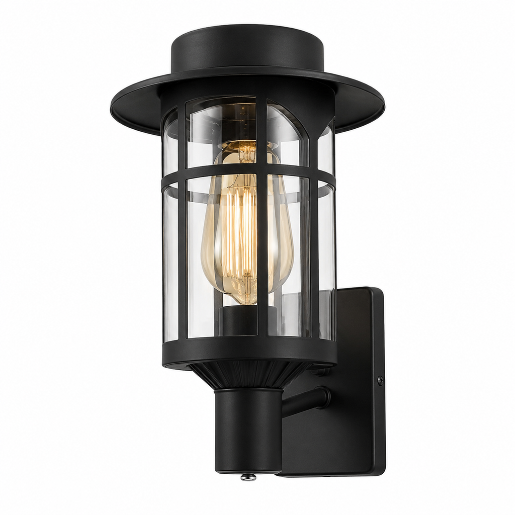 Farol de Pared Exterior Negro con Vidrio Transparente – Estilo Moderno Industrial