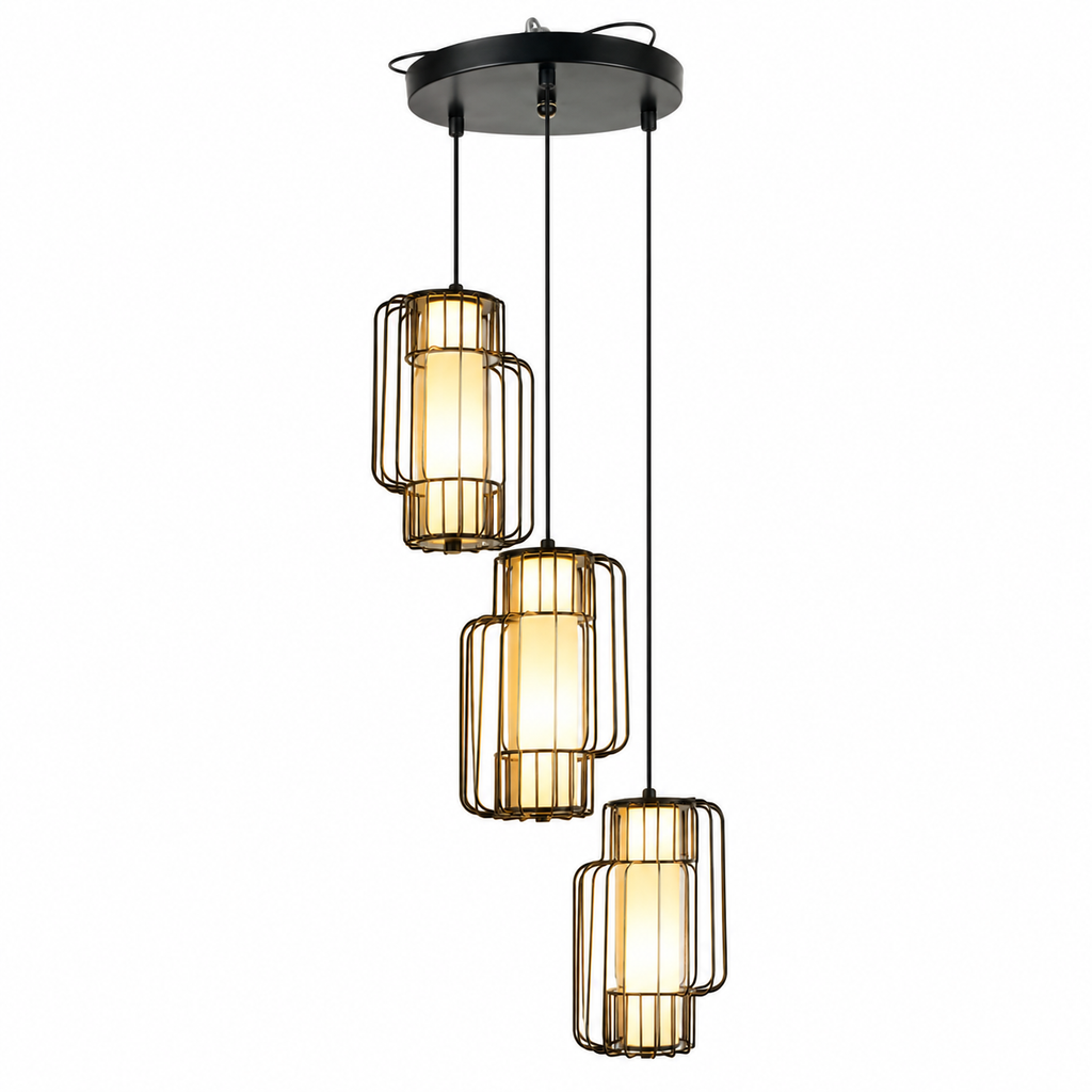 Colgante Decorativo 3 Luces E27 con Jaula Metálica y Vidrio Opal