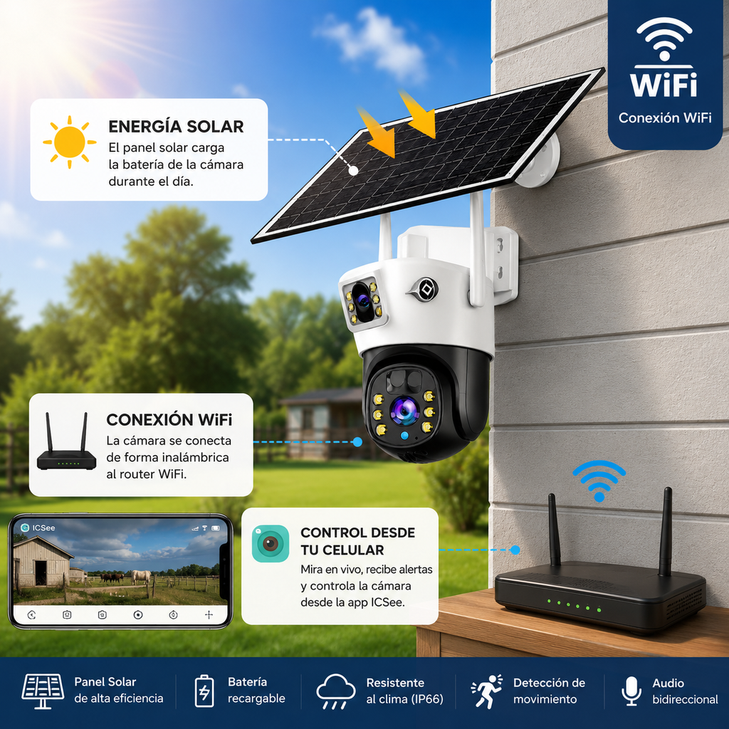 Cámara de Seguridad Solar WiFi ICSee PTZ con Panel Solar – Visión 360°, Audio y Doble Lente