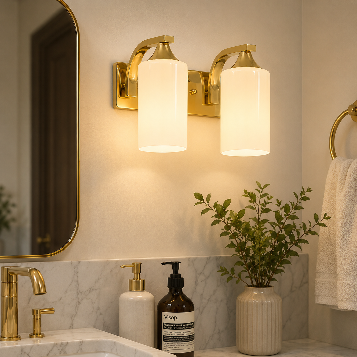 Aplique de Pared Doble Dorado con Tulipas de Vidrio Opal – Estilo Moderno Elegante