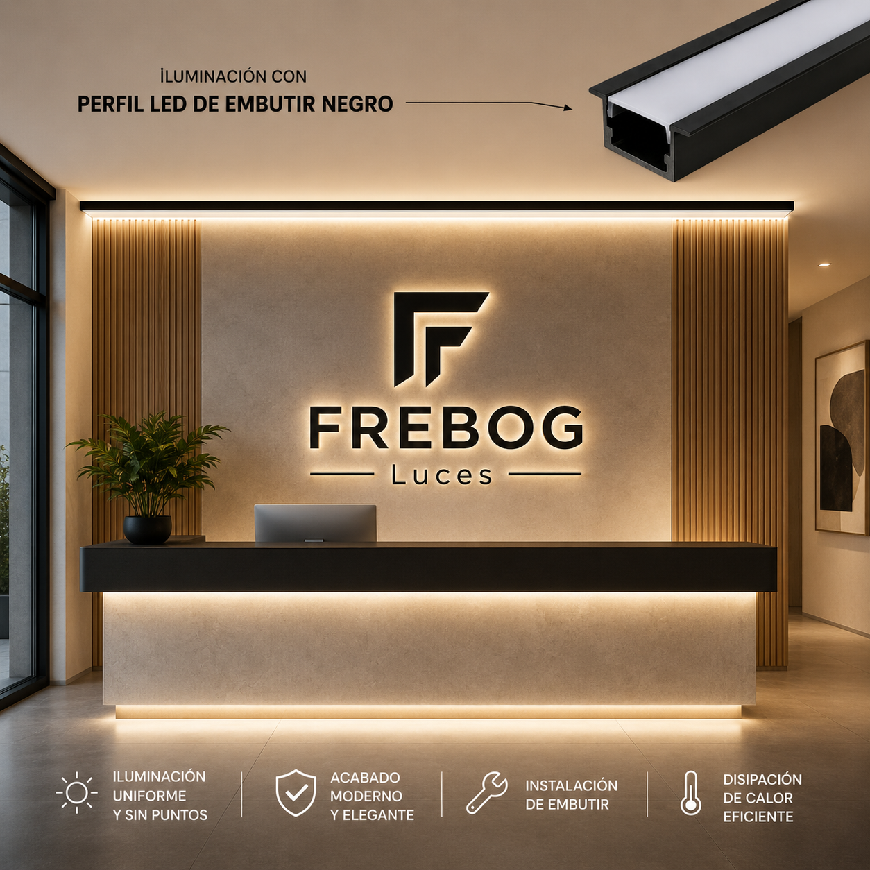 Perfil LED de Embutir Negro 2 Metros para Cinta LED | Aluminio Premium 20 x 10 mm
