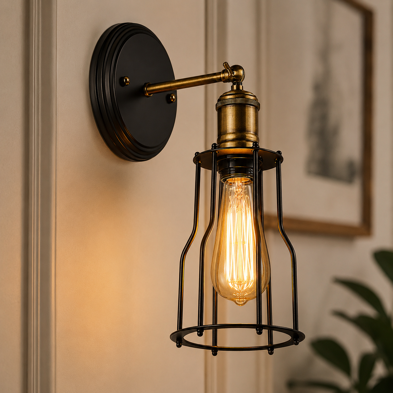 Aplique de Pared Vintage Industrial con Jaula Metálica – Acabado Negro y Bronce