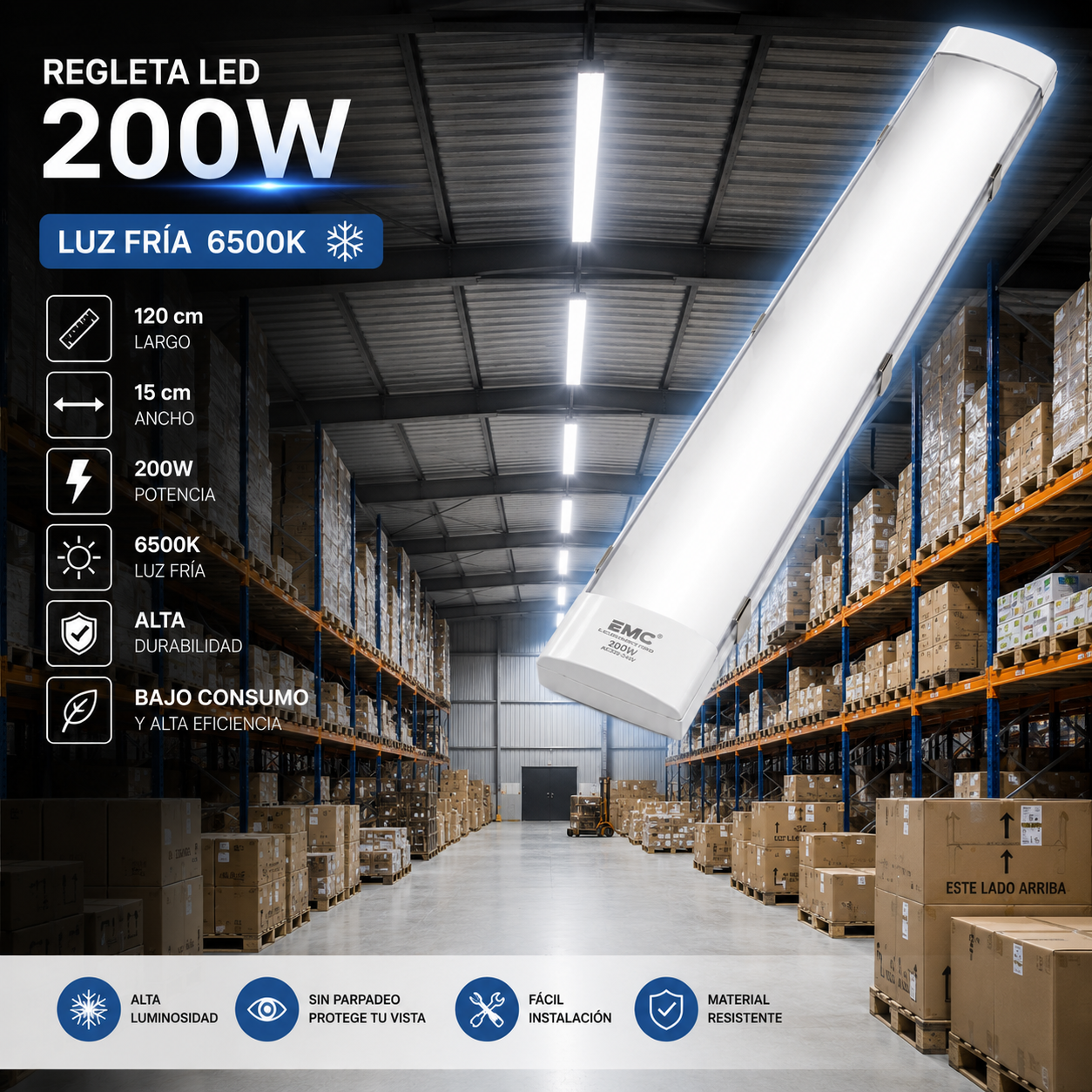 Regleta LED 200W 120 cm Luz Fría 6500K | Alta Potencia para Depósitos e Industrias