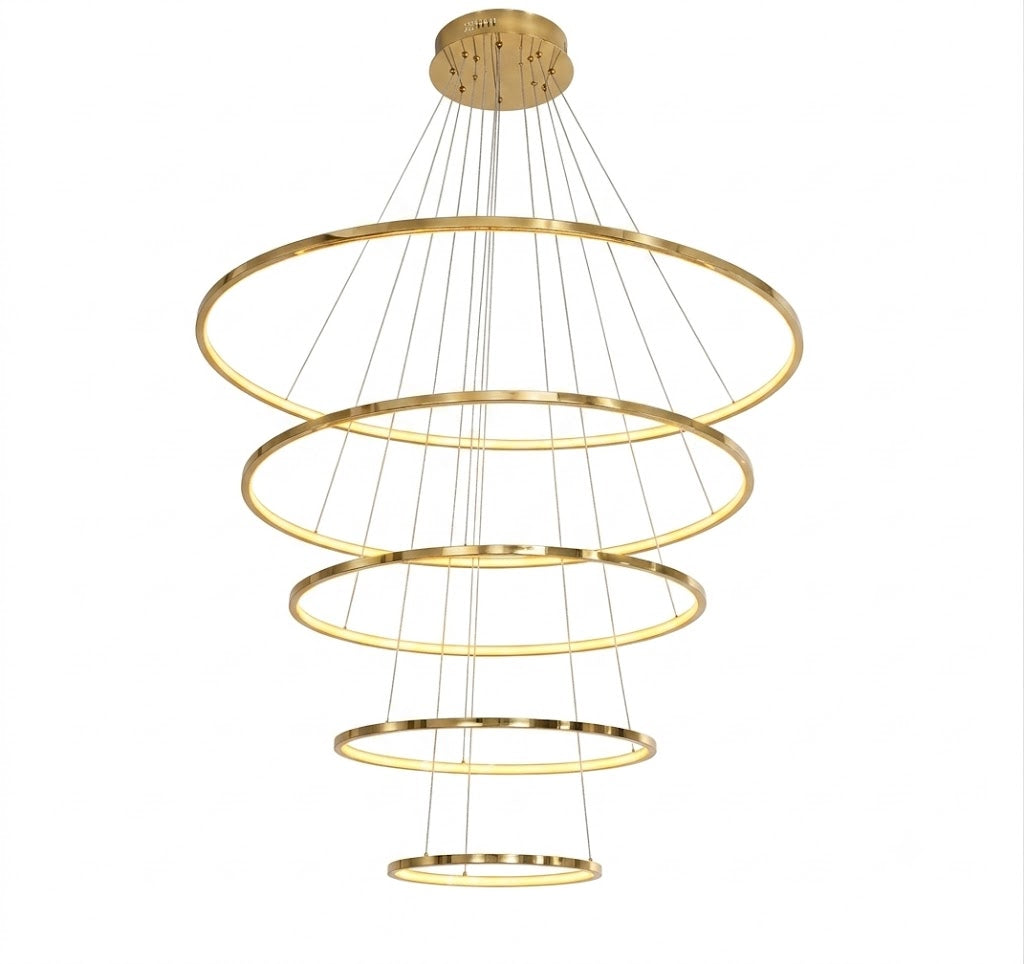 Colgante LED Premium 5 Aros Dorado Fino – 3500K Luz Cálida | Diseño de Doble Altura