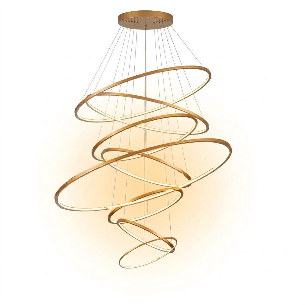 Lámpara Colgante LED de Aros Dorados en Espiral - Iluminación Cálida 3500K