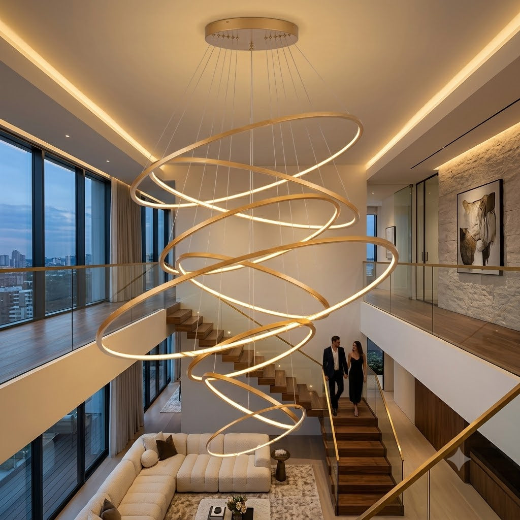 Lámpara Colgante LED de Aros Dorados en Espiral - Iluminación Cálida 3500K
