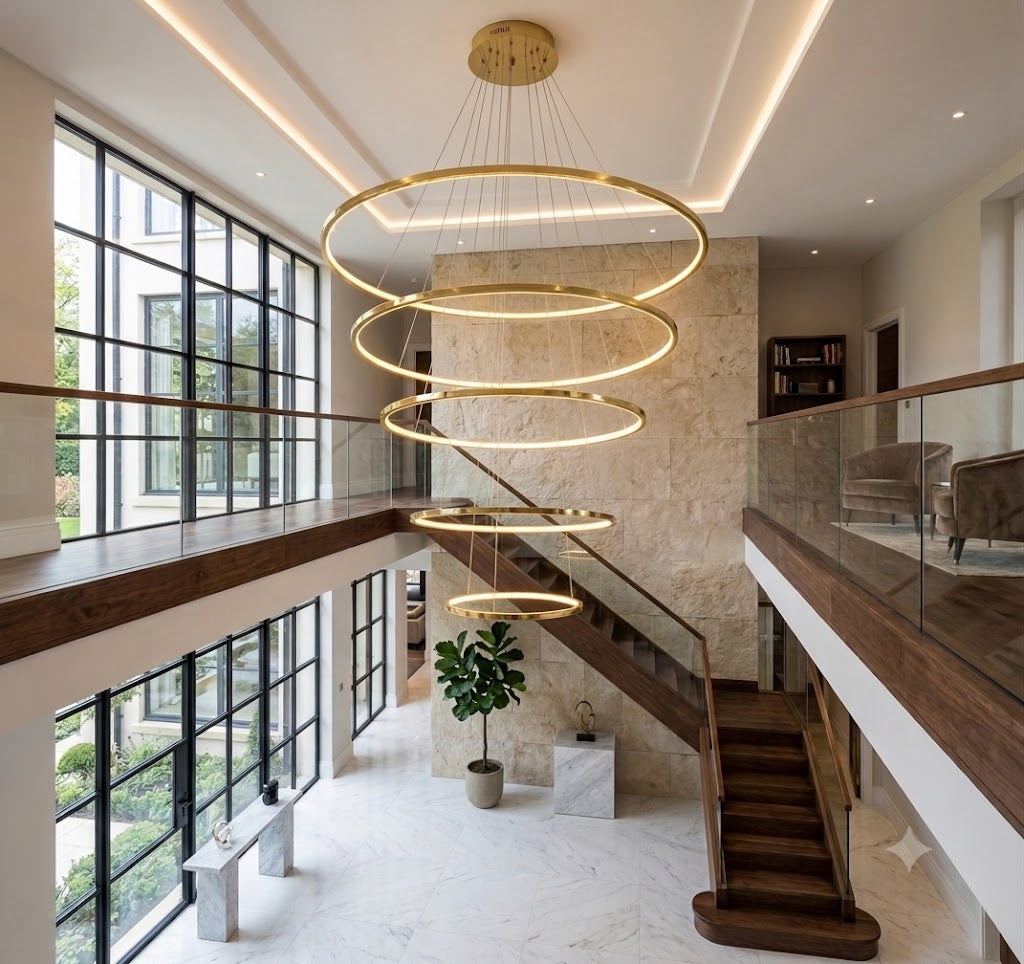 Colgante LED Premium 5 Aros Dorado Fino – 3500K Luz Cálida | Diseño de Doble Altura